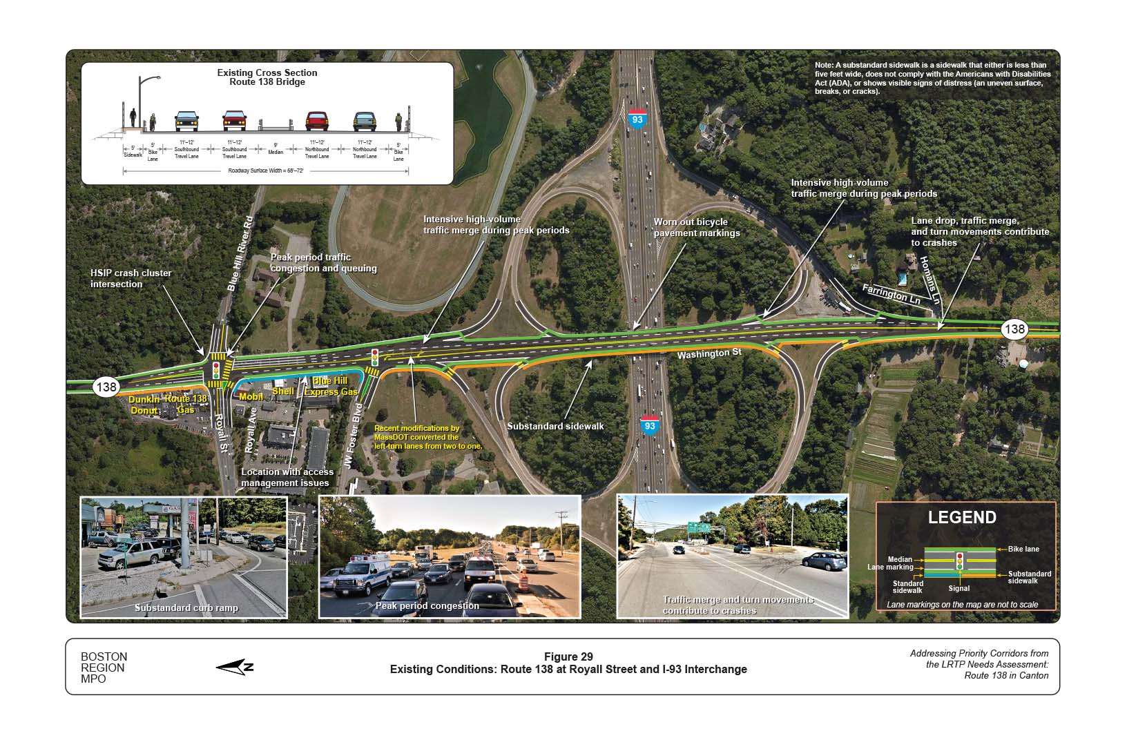 Figure 29 is a map of Route 138 at the Interstate 93 interchange and Royall Street with overlays showing the locations of existing problems on the roadway and a graphic of the current cross section of the roadway
