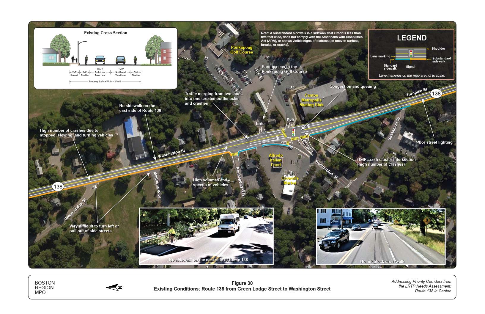 Figure 30 is map of Route 138 at Green Lodge and Washington Street with overlays showing the locations of existing problems on the roadway and a graphic of the current cross section of the roadway.