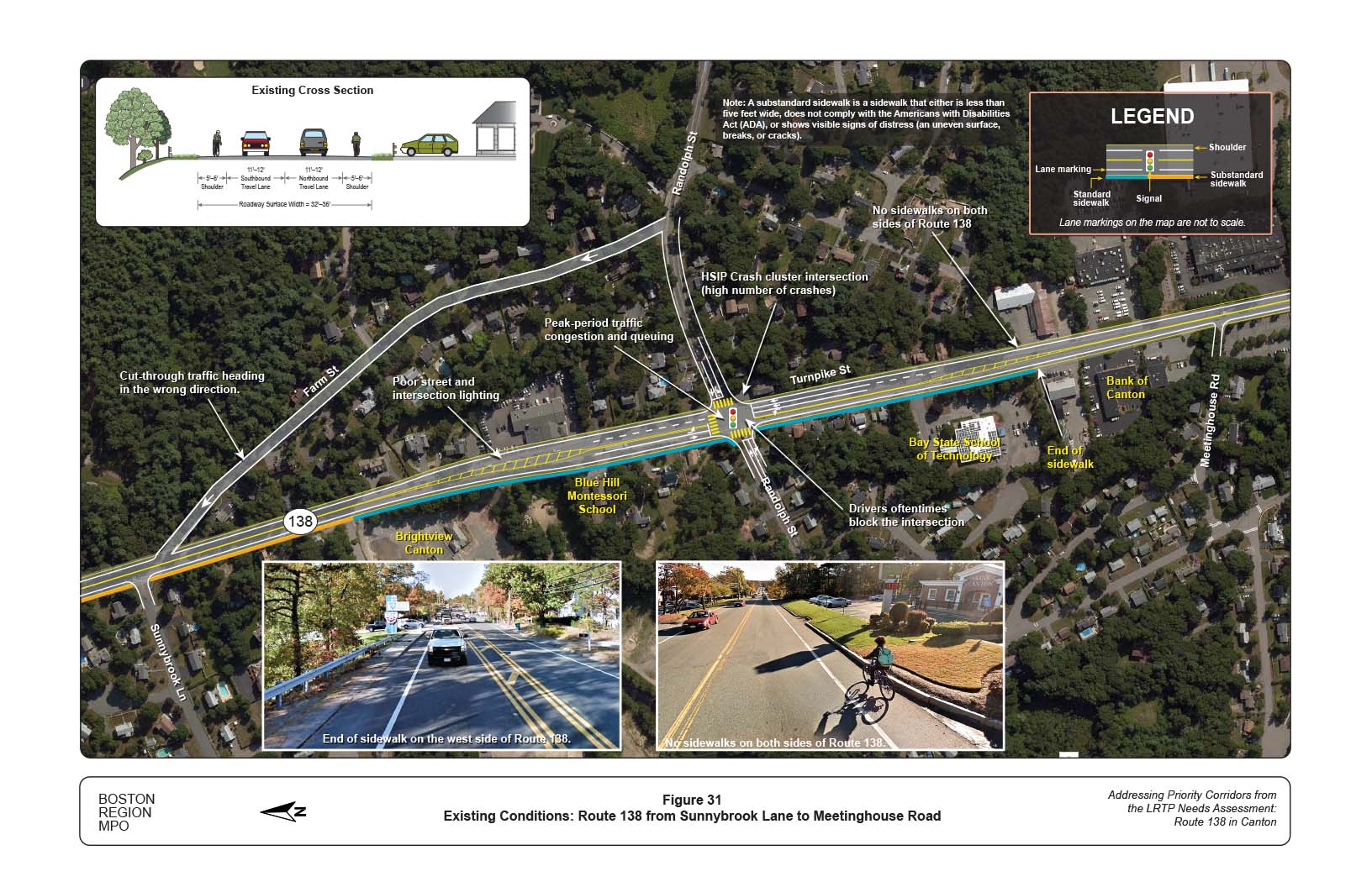 Figure 31 is map of Route 138 at Sunnybrook Lane and Meetinghouse Road with overlays showing the locations of existing problems on the roadway and a graphic of the current cross section of the roadway