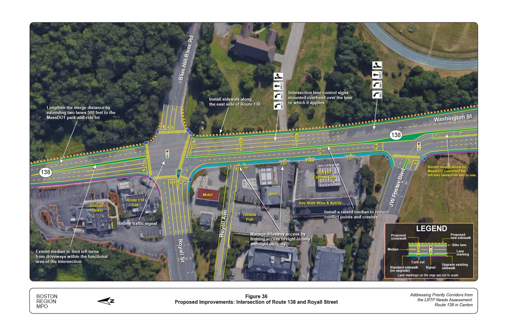 Figure 36 is map of the intersection of Route 138 and Royall Street with overlays showing the proposed improvements to the roadway.