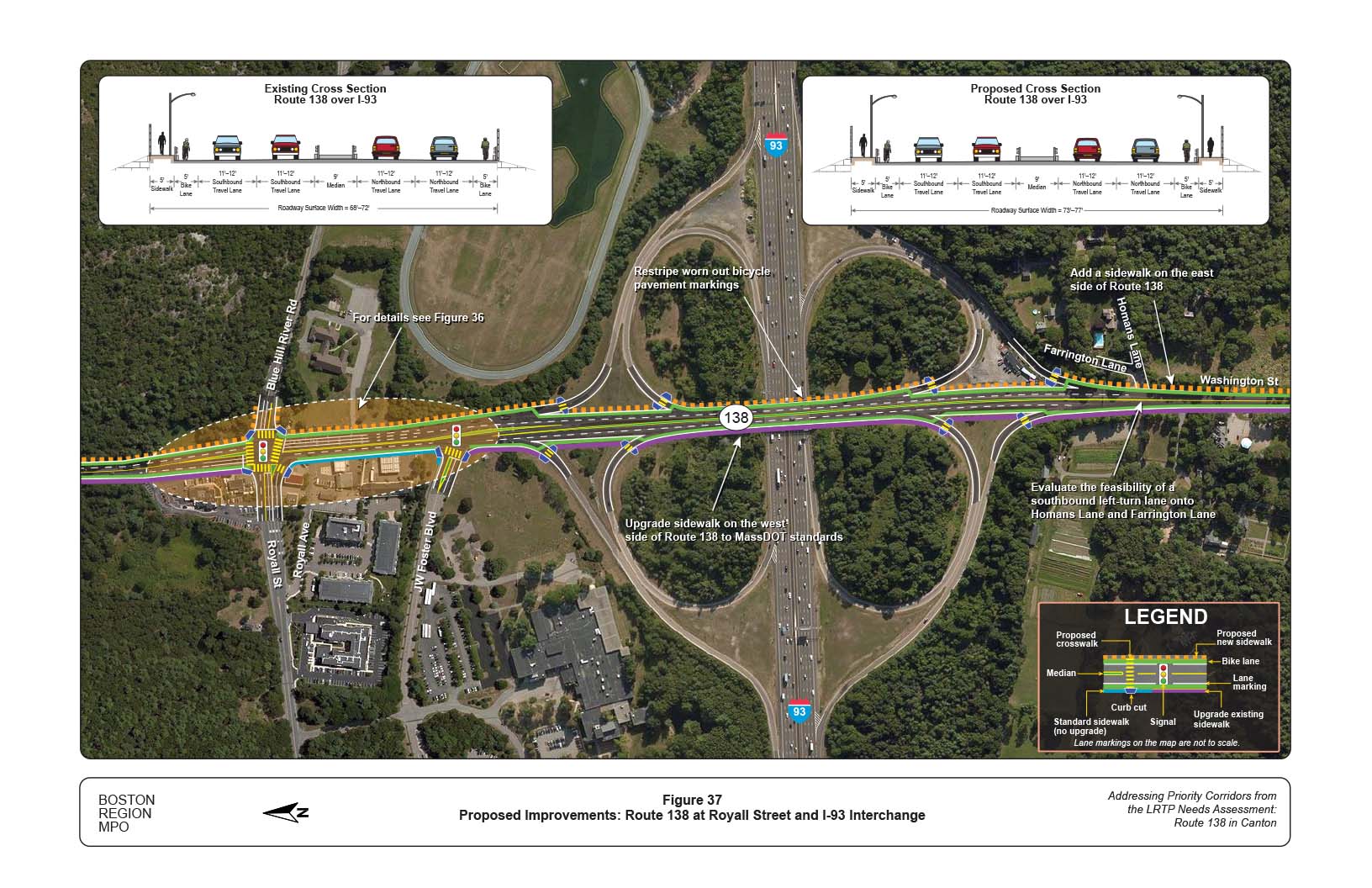 Figure 37 is map of Route 138 at the Interstate 93 interchange and Royall Street with overlays showing the proposed improvements to the roadway and graphics of the current and proposed cross section of the roadway.