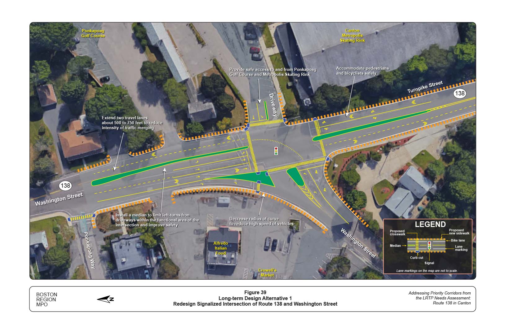 Figure 39 is map of the intersection of Route 138 and Washington Street with overlays showing a proposed redesign of the signalized intersection and other proposed improvements to the roadway.