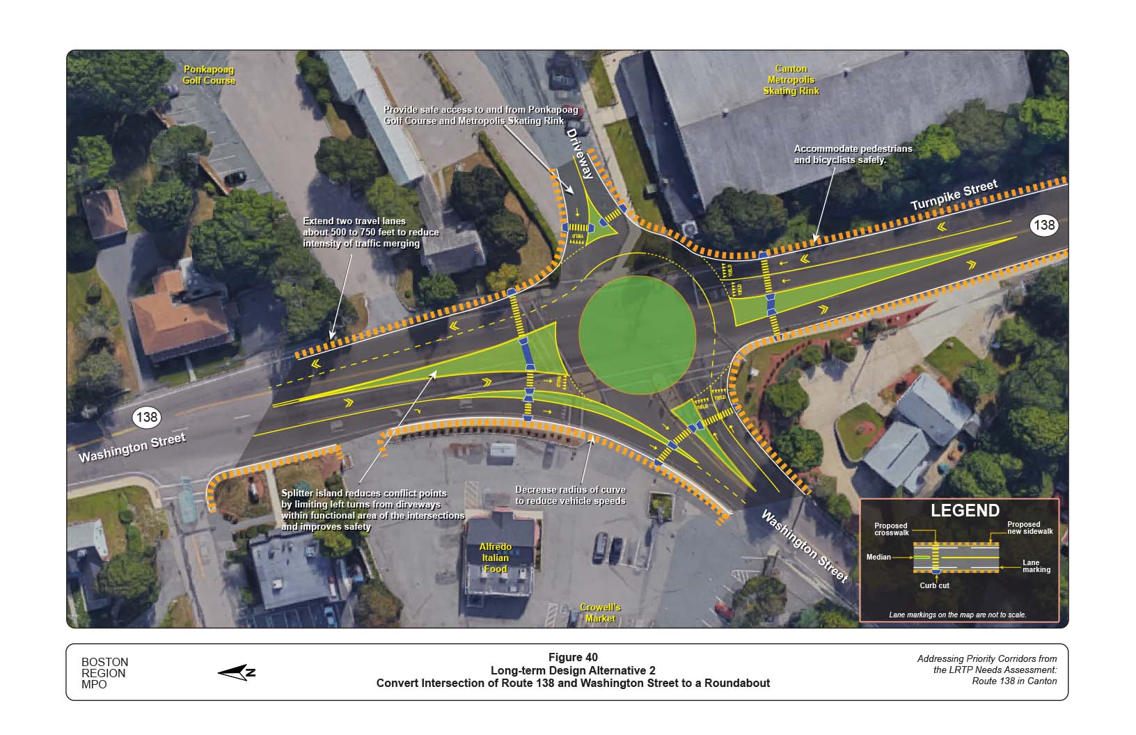 Figure 40 is map of the intersection of Route 138 and Washington Street with overlays showing a proposed redesign of the intersection into a roundabout and other proposed improvements to the roadway.