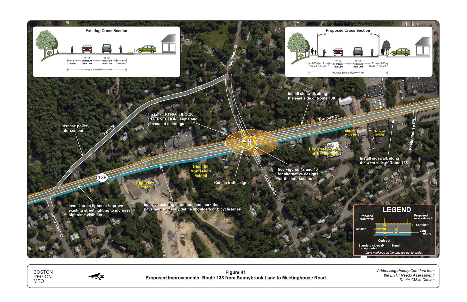 Figure 41 is map of Route 138 at Sunnybrook Lane and Meetinghouse Road with overlays showing the proposed improvements to the roadway and graphics of the current and proposed cross section of the roadway.