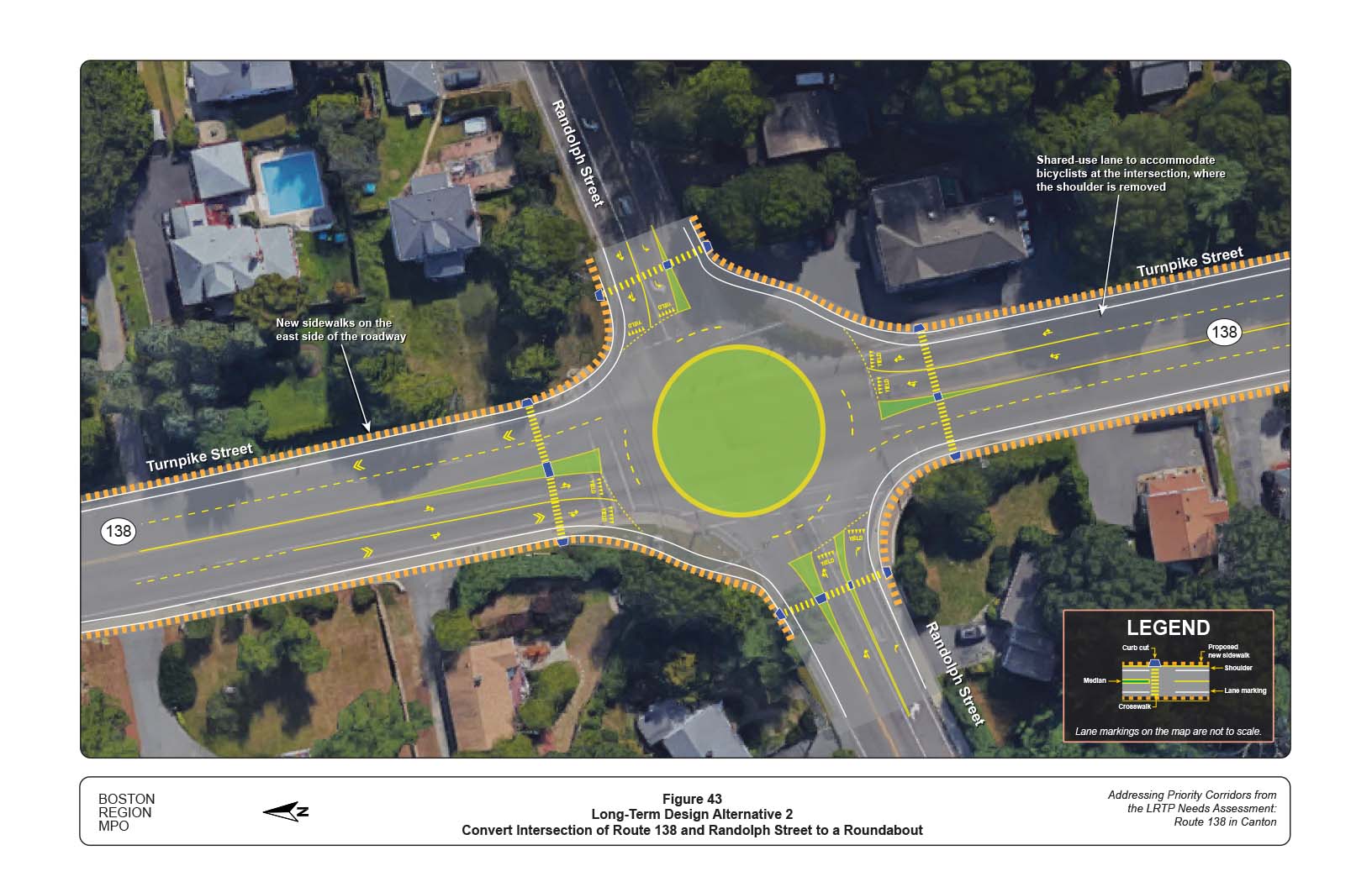Figure 43 is map of the intersection of Route 138 and Randolph Street with overlays showing an alternative for redesigning the intersection into a roundabout.