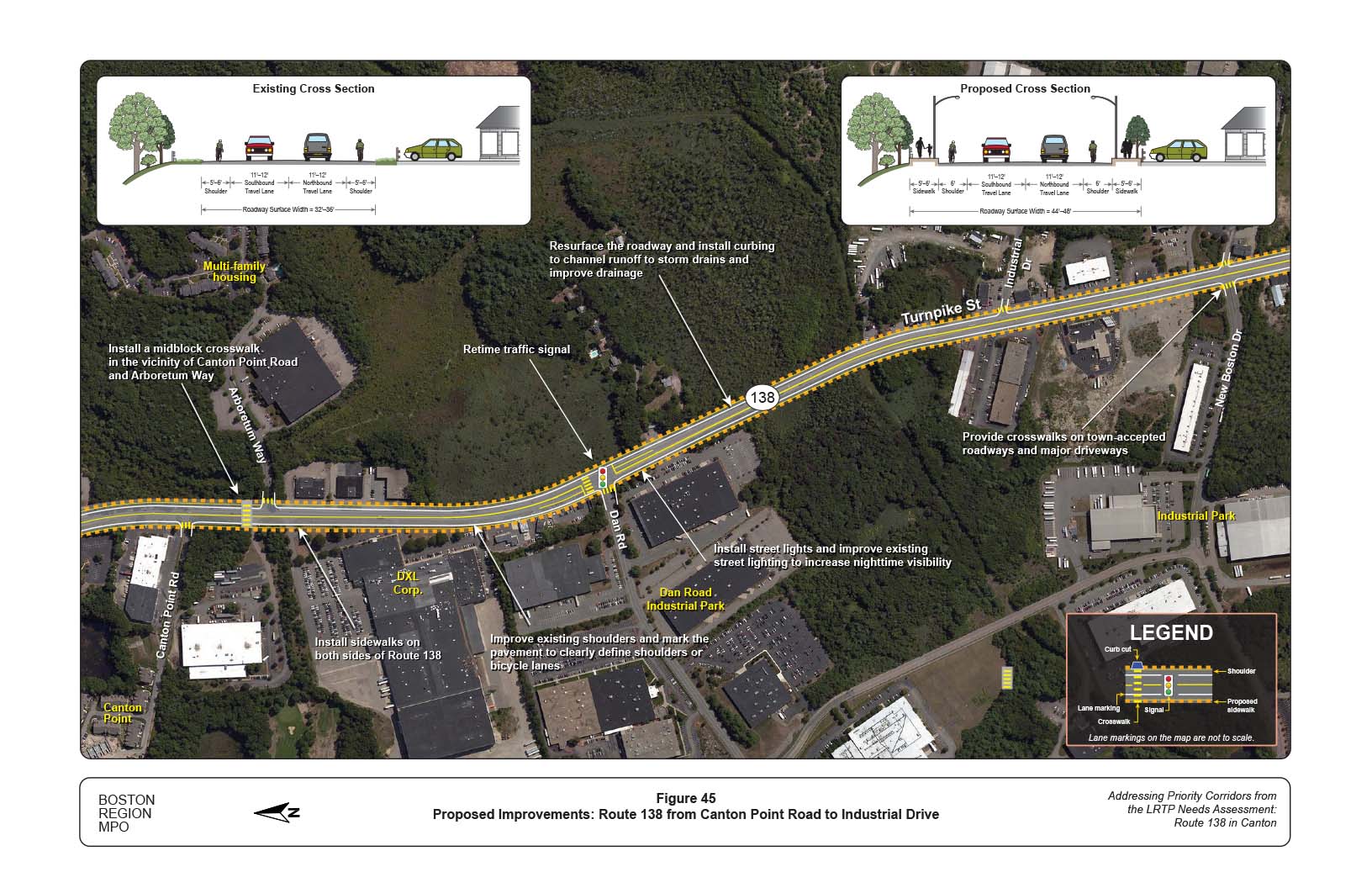 Figure 45 is map of Route 138 from Canton Point Road to Industrial Drive with overlays showing the proposed improvements to the roadway and graphics of the current and proposed cross section of the roadway.