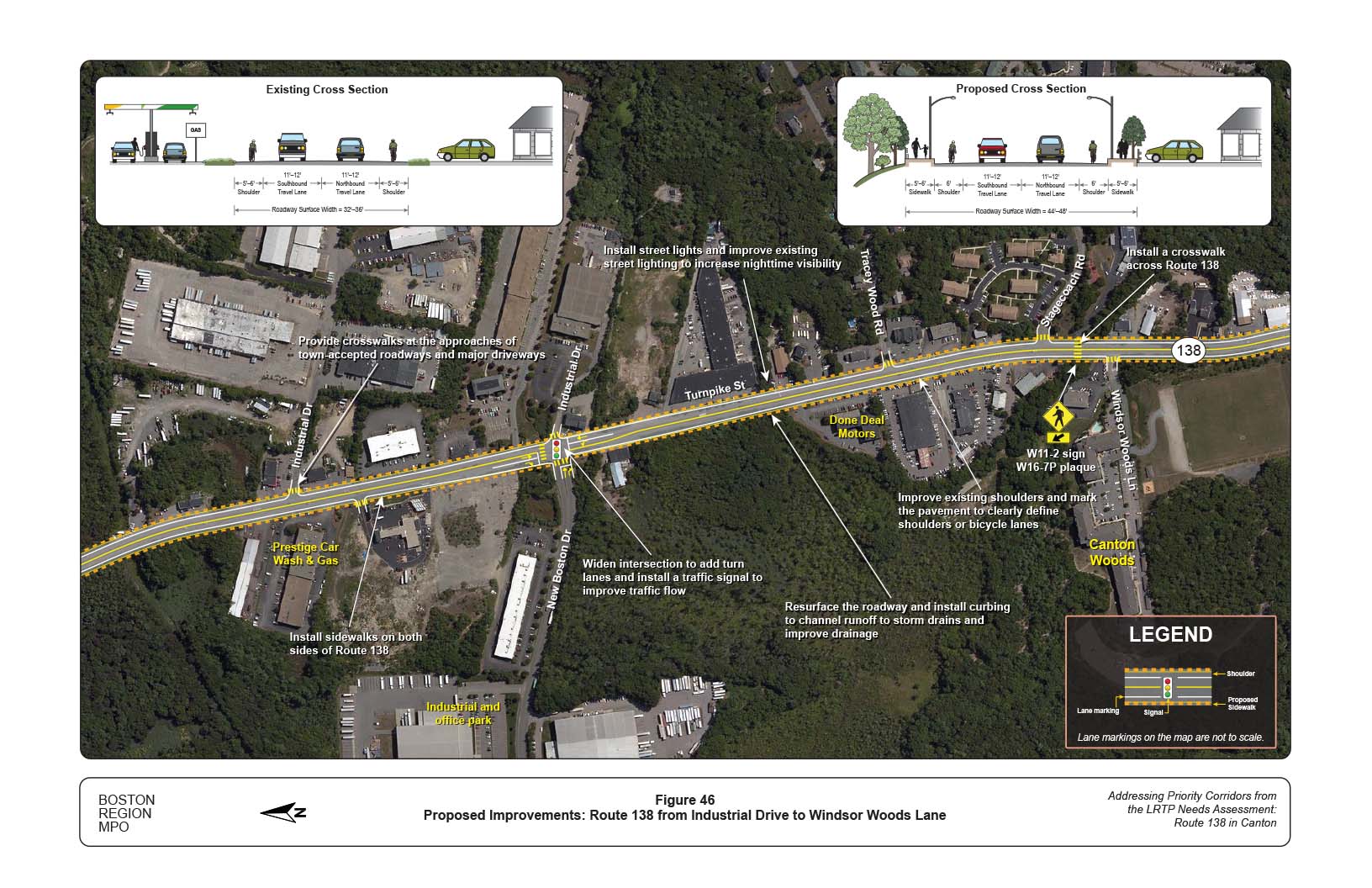 Figure 46 is map of Route 138 from Industrial Drive to Windsor Woods Lane with overlays showing the proposed improvements to the roadway and graphics of the current and proposed cross section of the roadway.