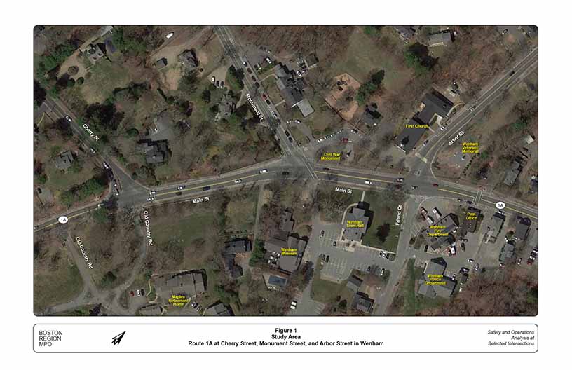 Figure 1: Study Area
This figure shows a map of the study area with satellite imagery that shows existing road layout.

