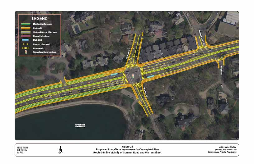 Figure 24. Proposed Long-Term Improvements Conceptual Plan: Route 9 in the Vicinity of Sumner Road and Warren Street
This figure shows a conceptual plan of the proposed long-term improvements in the vicinity of Route 9 at Sumner Road and Warren Street.
