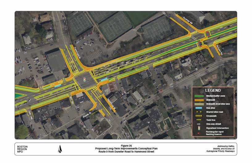 Figure 26. Proposed Long-Term Improvements Conceptual Plan: Route 9 from Dunster Road to Hammond Street
This figure shows a conceptual plan of the proposed long-term improvements in the section of Route 9 from Dunster Road to Hammond Street.
