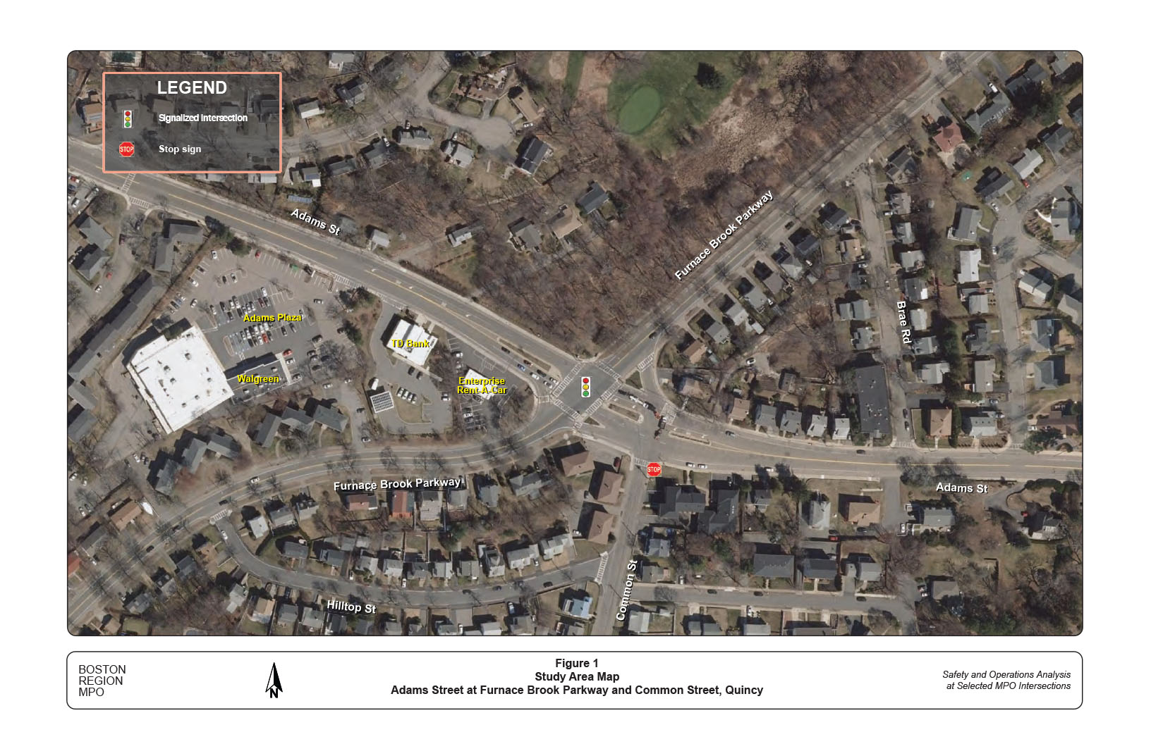 Figure 1: Study Area
This figure shows a map of the study area with satellite imagery that shows existing roadway layout.

