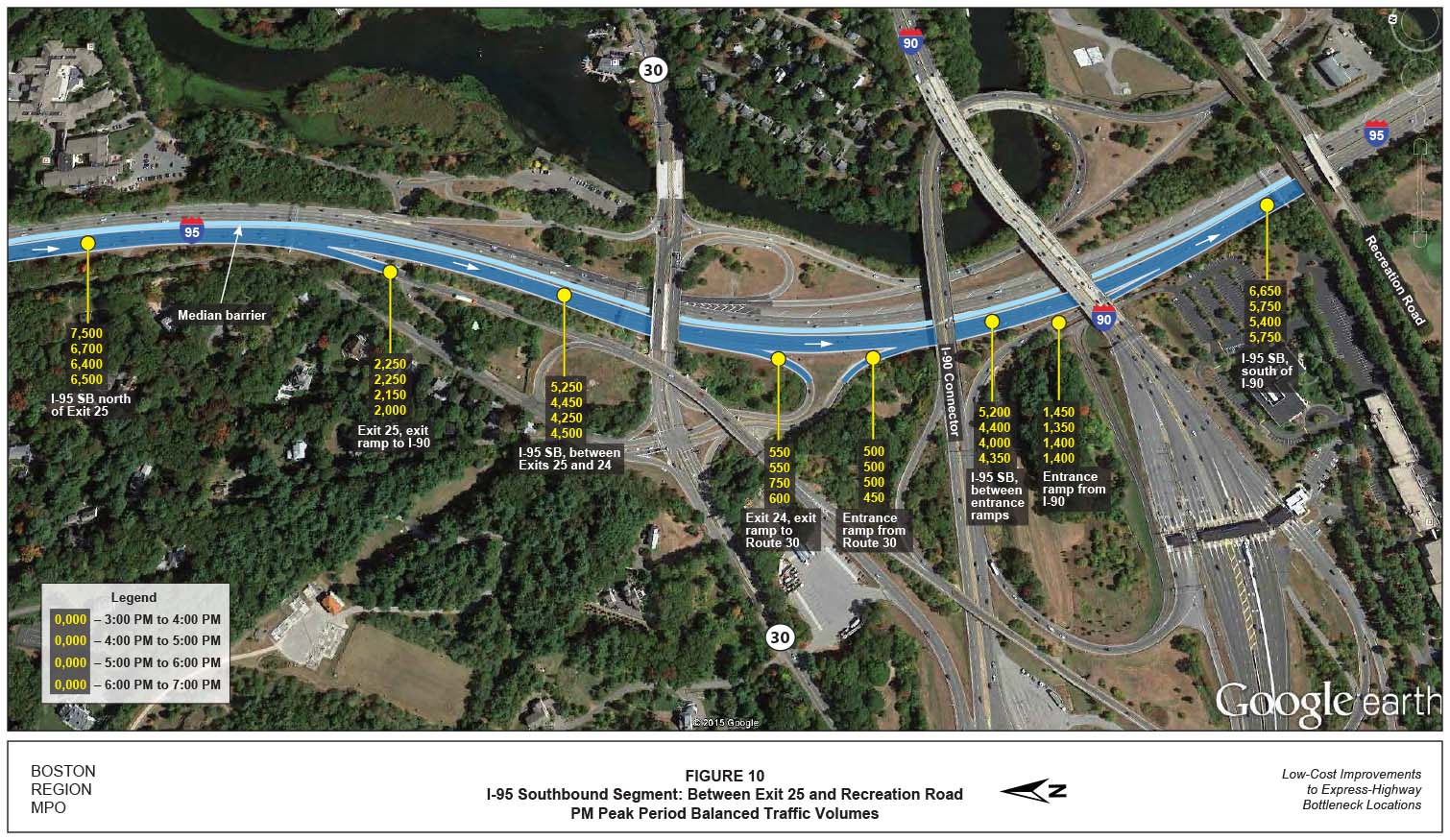 FIGURE 10. Aerial-view map showing the PM peak-period balanced traffic volumes for the I-95 southbound segment between Exit 25 and Recreation Road