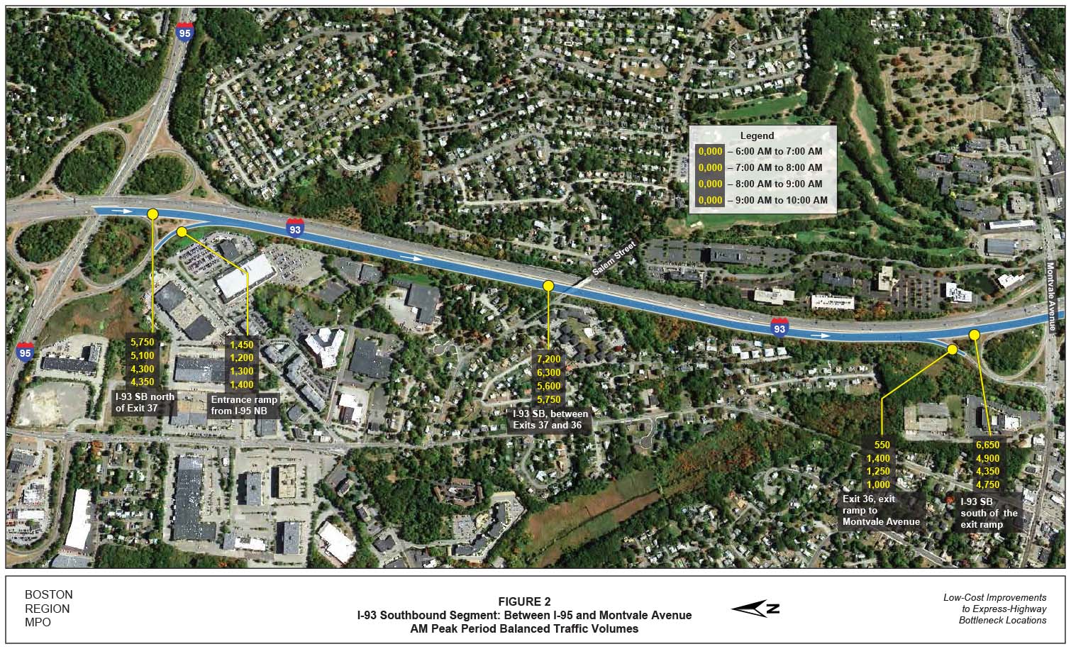 FIGURE 2. Aerial-view map showing the AM peak-period balanced traffic volumes for the I-93 southbound segment between I-95 and Montvale Avenue