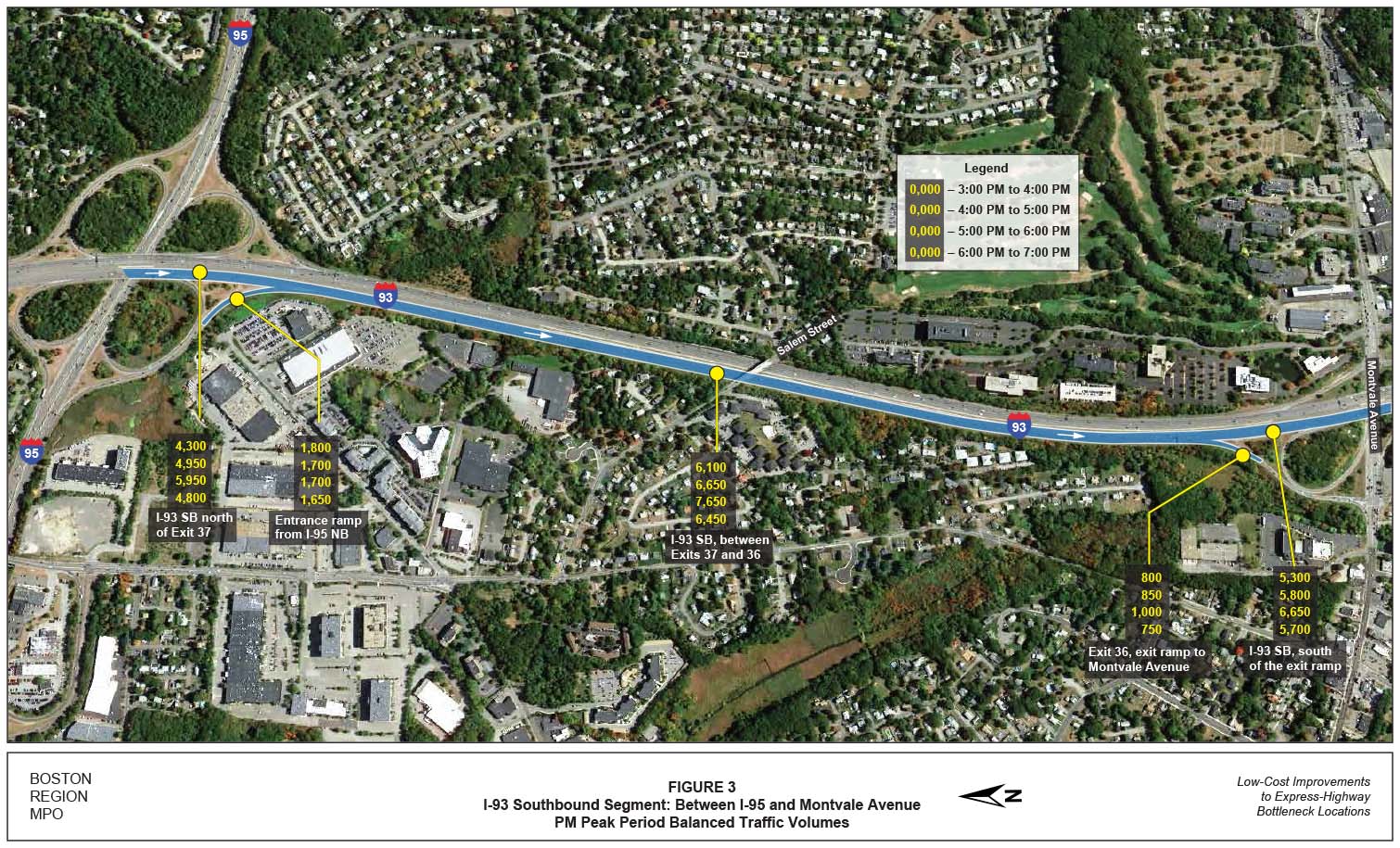 FIGURE 3. Aerial-view map showing the PM peak-period balanced traffic volumes for the I-93 southbound segment between I-95 and Montvale Avenue