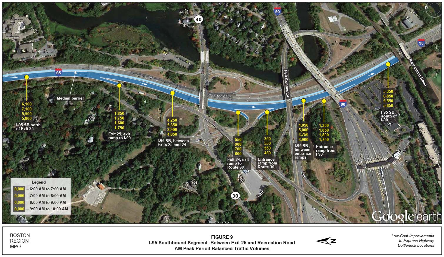FIGURE 9. Aerial-view map showing the AM peak-period balanced traffic volumes for the I-95 southbound segment between Exit 25 and Recreation Road