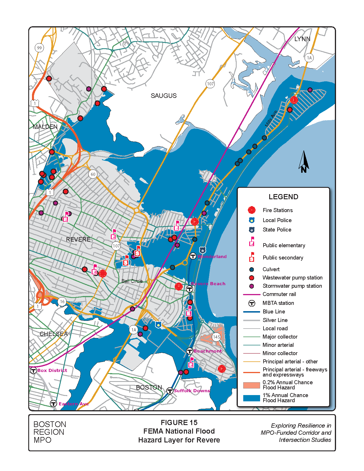 Figure 15 is a map of the study area showing the parts of Route 1A that are vulnerable to flooding in a 100-year and 500-year storm.