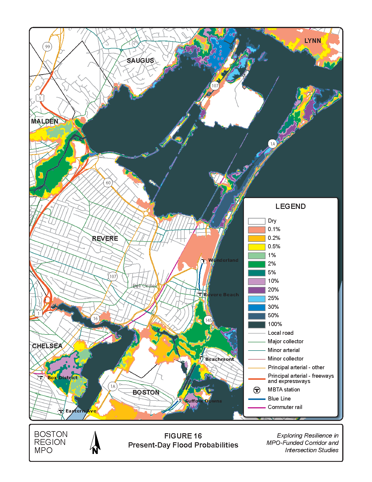 Figure 16 is a map of the study area showing the flood risk probabilities for present day.