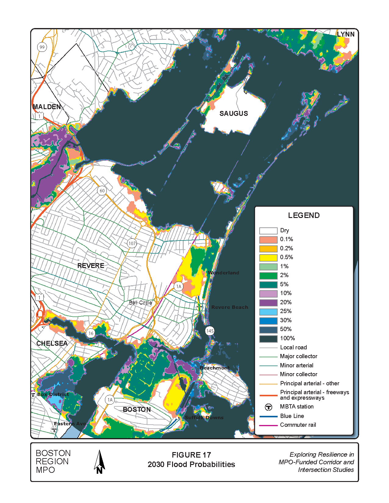 Figure 17 is a map of the study area showing the flood risk probabilities for 2030.