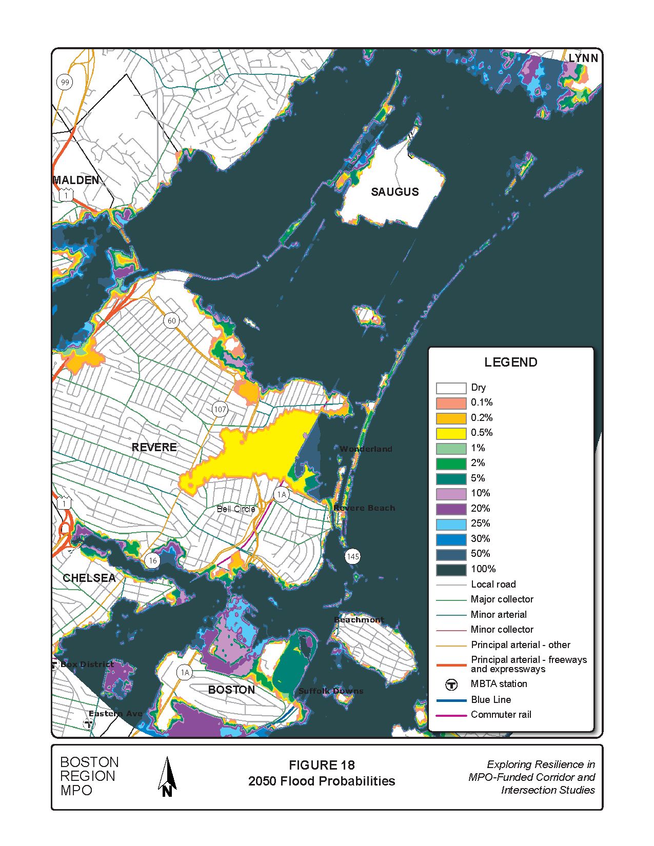 Figure 18 is a map of the study area showing the flood risk probabilities for 2050.