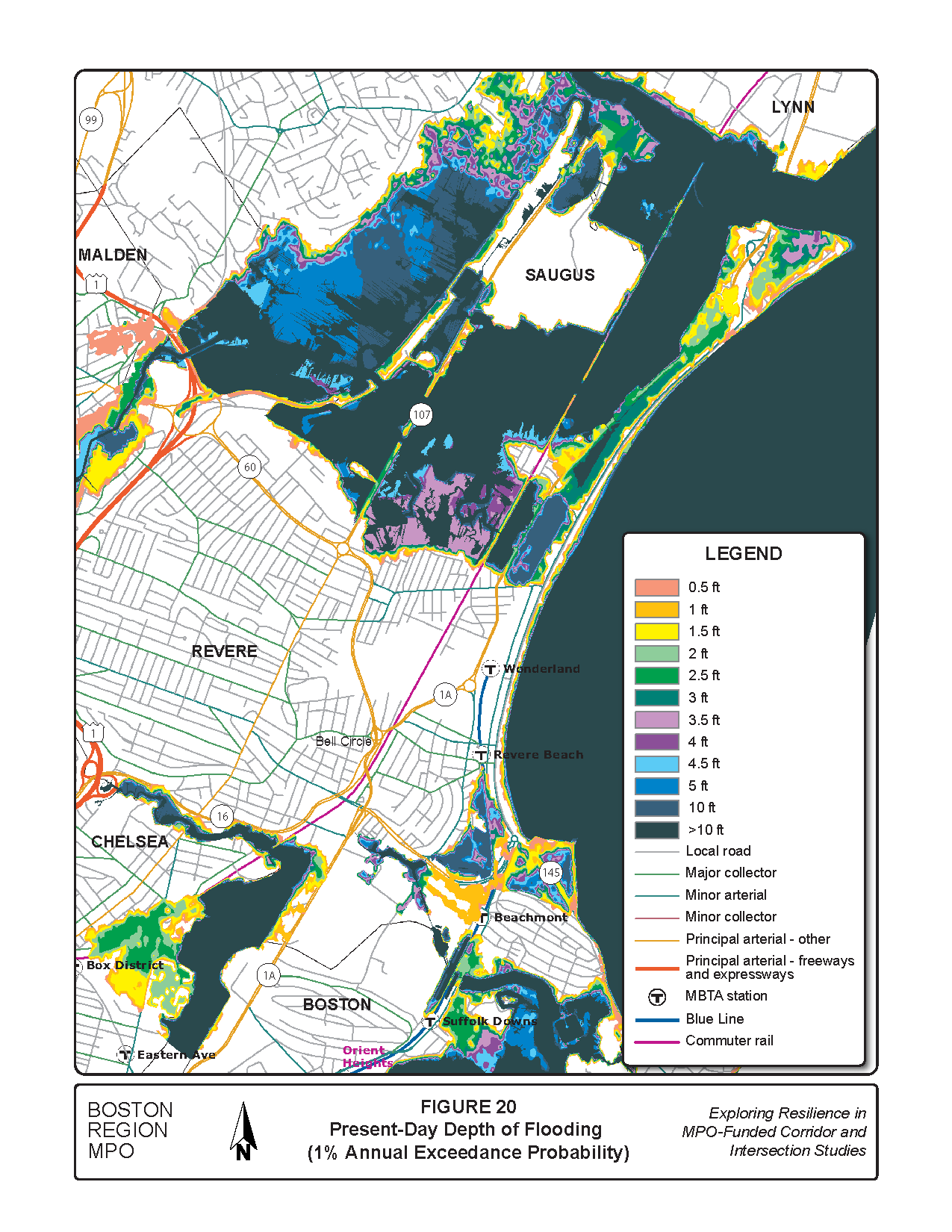 Figure 20 is a map of the study area showing the one percent flood depth for present day.