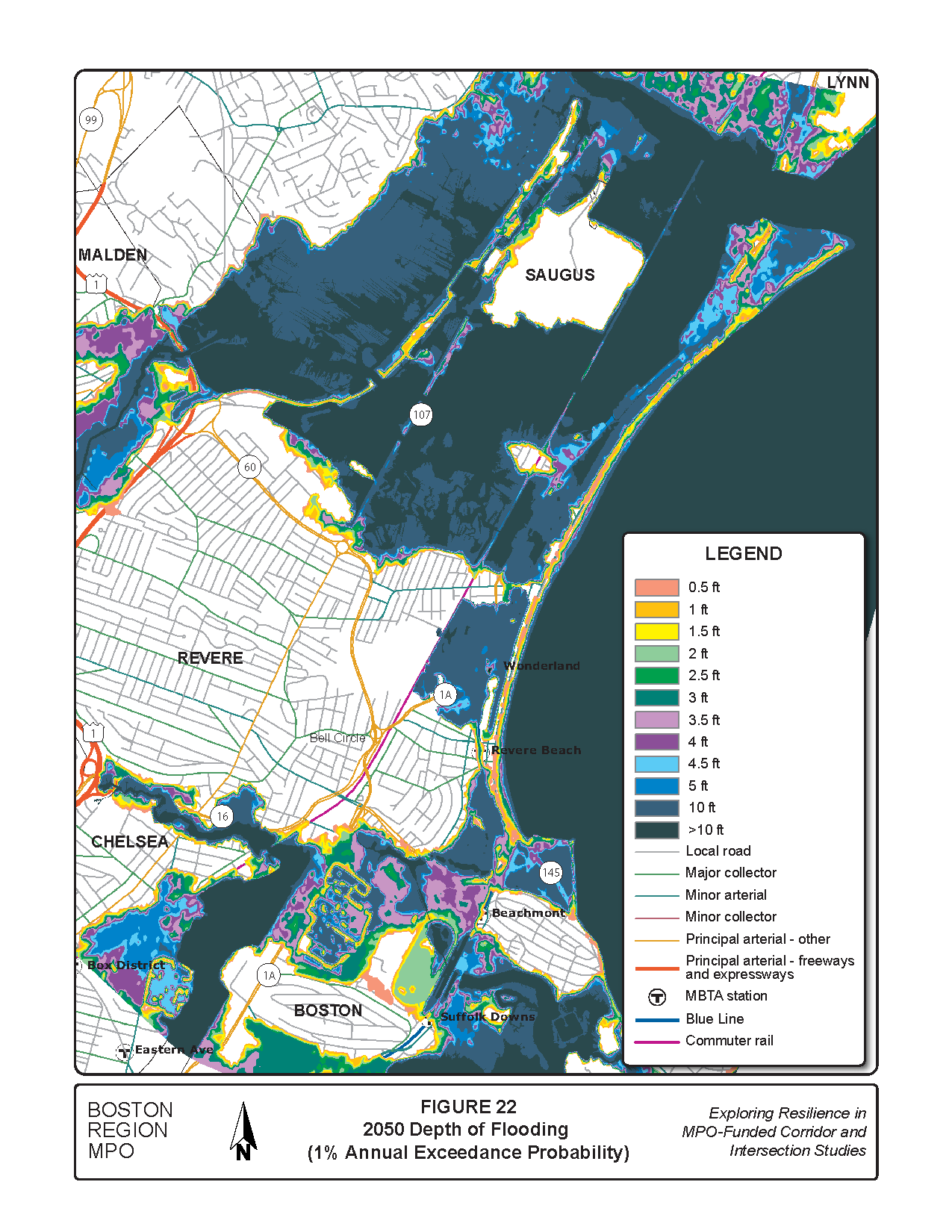 Figure 22 is a map of the study area showing the one percent flood depth for 2050.