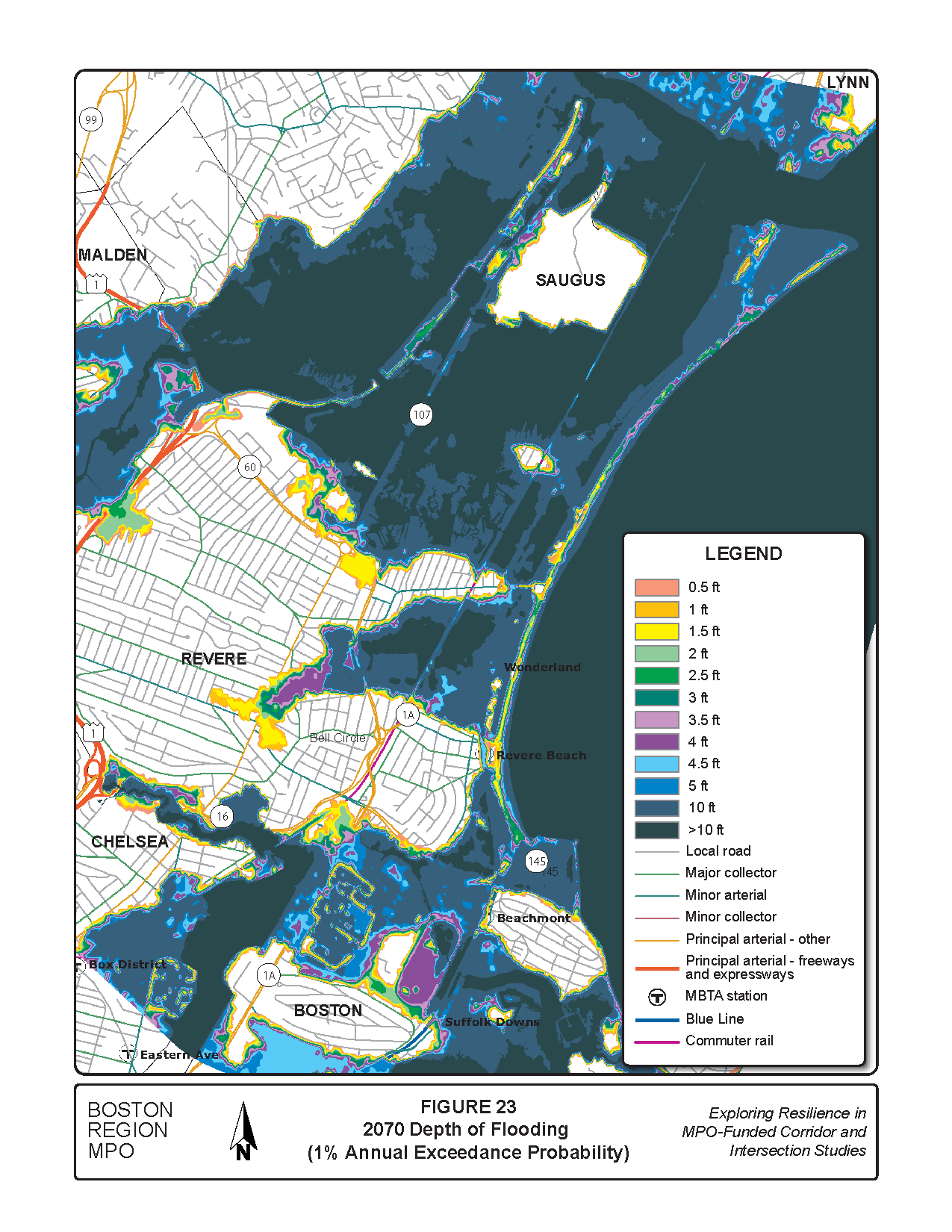 Figure 23 is a map of the study area showing the one percent flood depth for 2070.