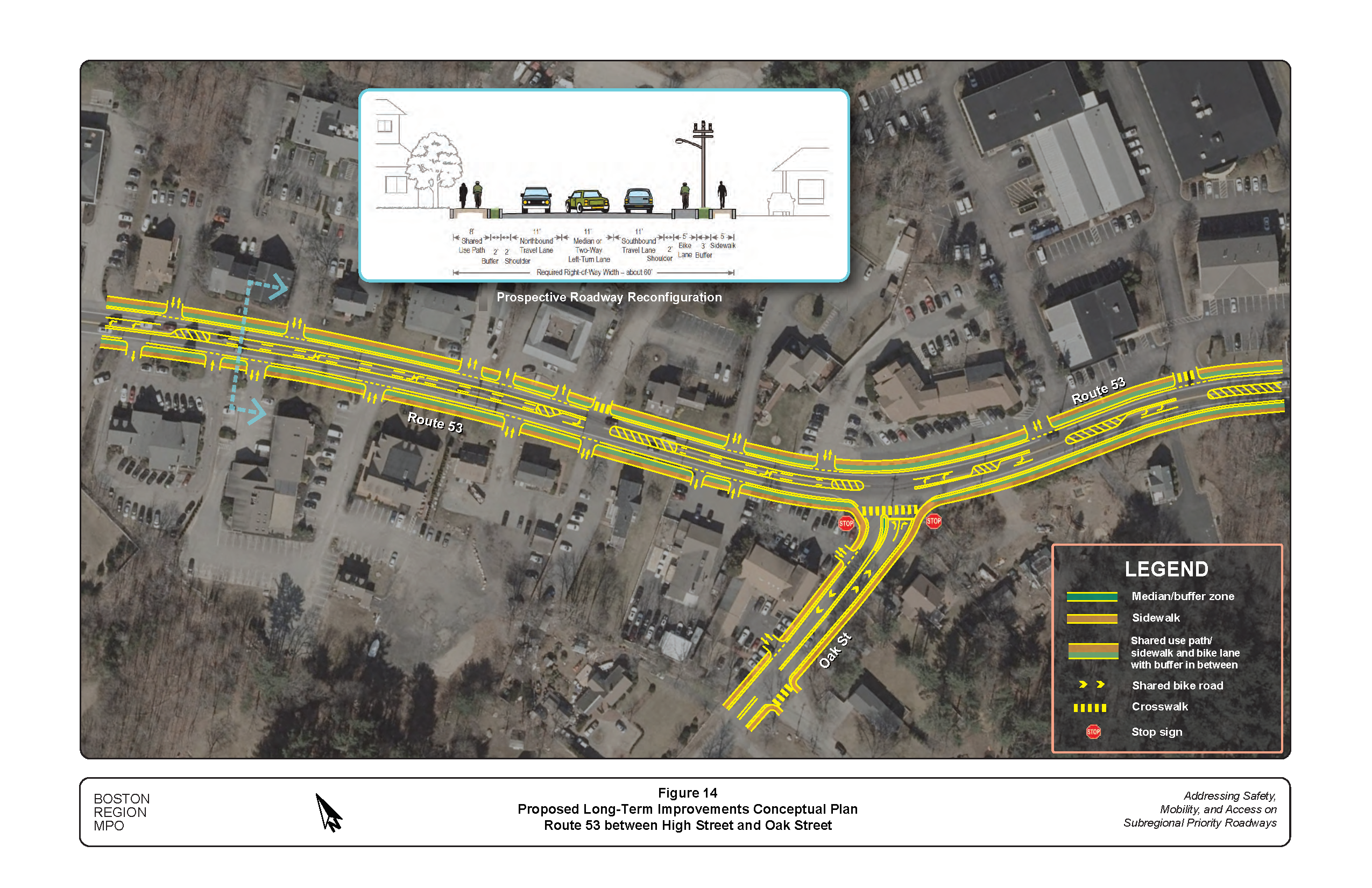 This figure shows a conceptual plan of the proposed long-term improvements in the Route 53 section from High Street to Oak Street.