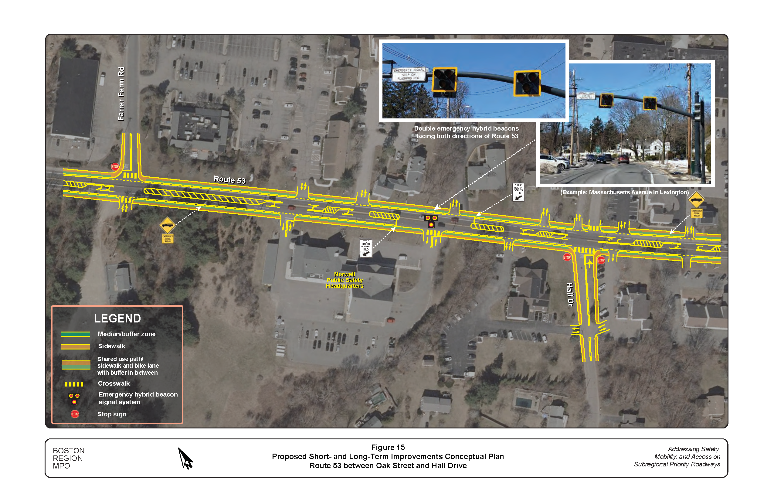 This figure shows a conceptual plan of the proposed short- and long-term improvements in the Route 53 section from Oak Street to Hall Drive.