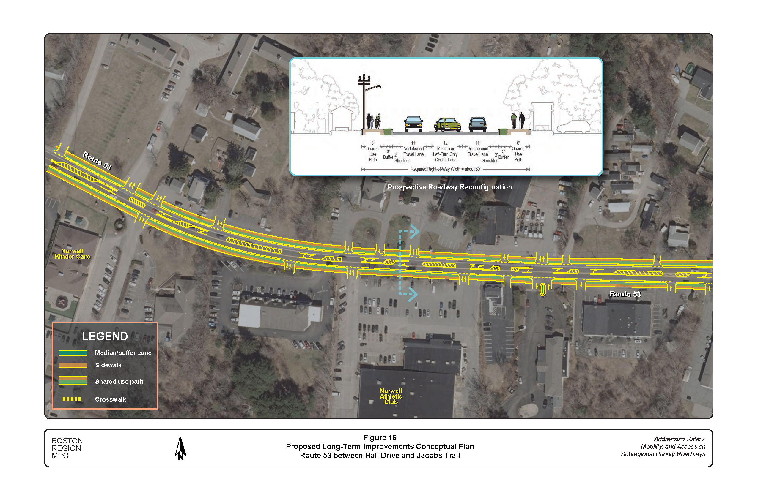 This figure shows a conceptual plan of the proposed long-term improvements in the Route 53 section from Hall Drive to Jacobs Trial.