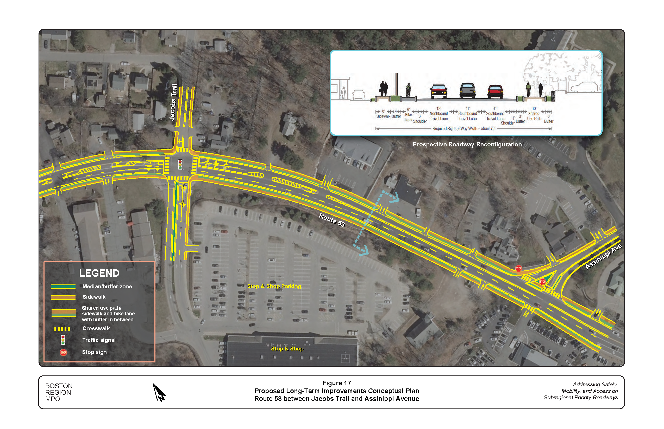 This figure shows a conceptual plan of the proposed long-term improvements in the Route 53 section from Jacobs Trial to Assinippi Avenue.