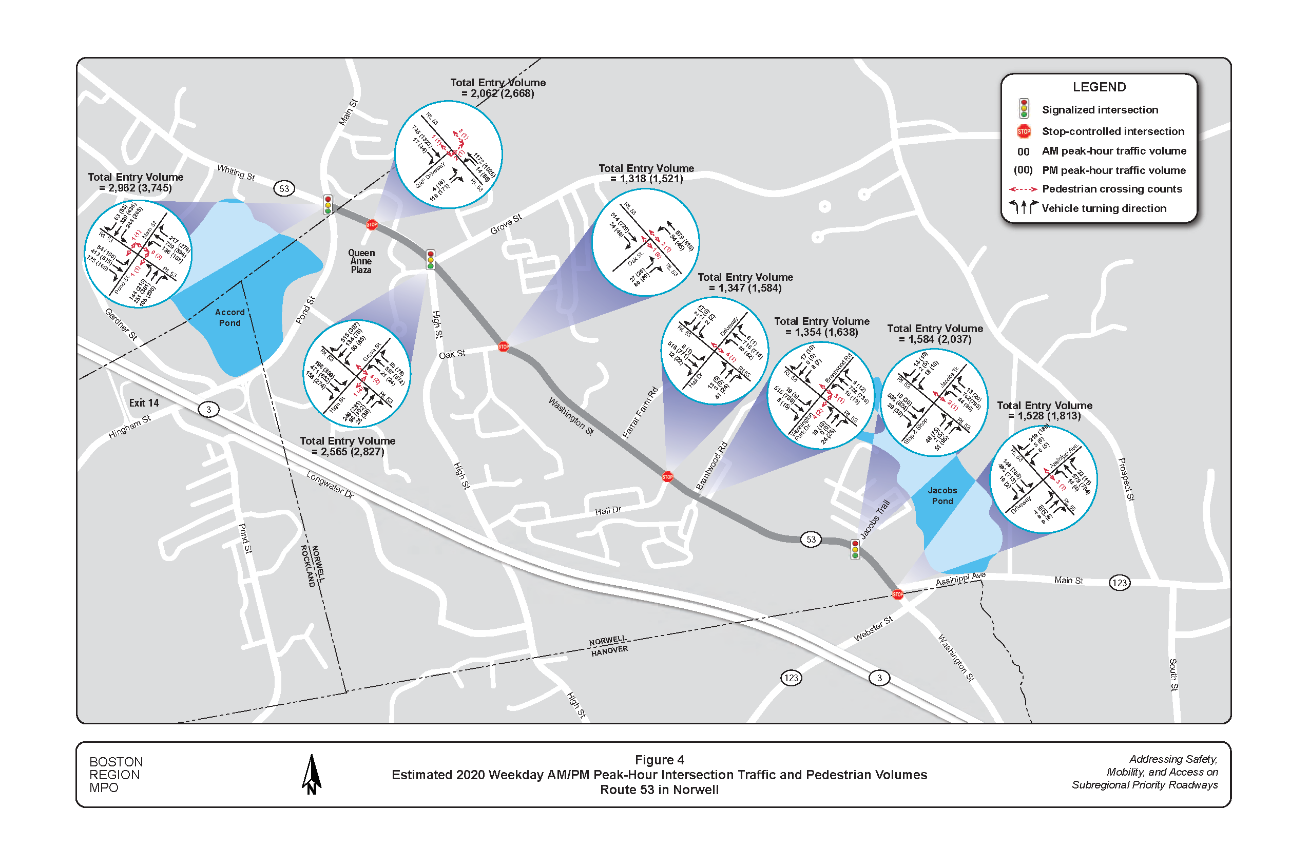 This figure is a graphical representation of the estimated weekday AM and PM peak-hour traffic and pedestrian volumes, including vehicular volumes by turning movements and pedestrian volumes by crossing locations.