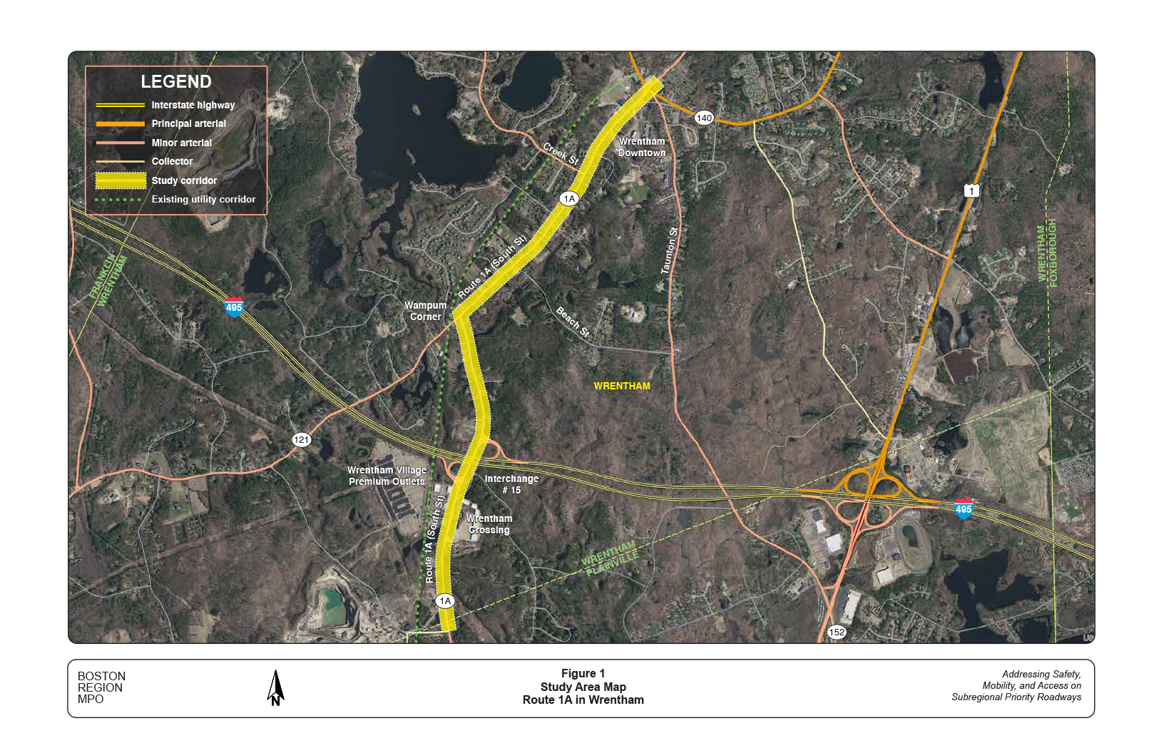 Figure 1 is a map showing the study area, the Route 1A corridor in Wrentham.