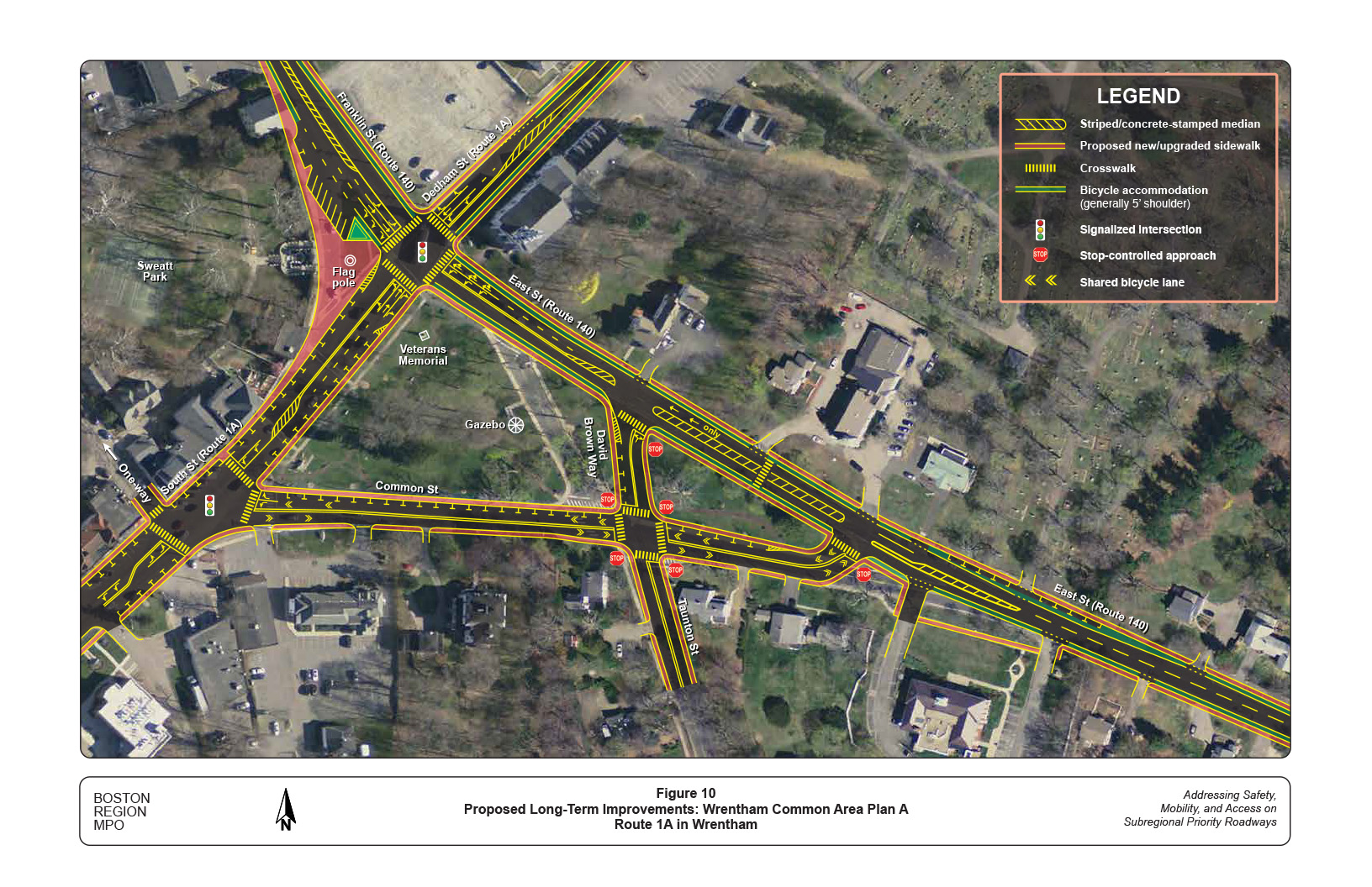 Figure 10 is a map that illustrates the proposed long-term improvements to Route 1A at the Wrentham Common area (Plan A).