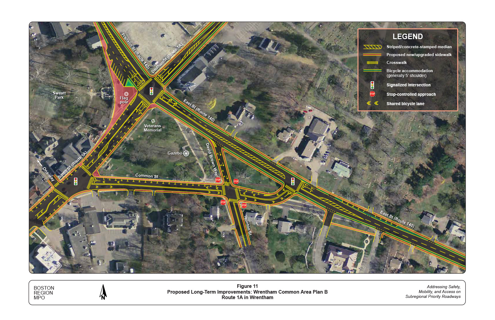 Figure 11 is a map that illustrates the proposed long-term improvements to Route 1A at the Wrentham Common area (Plan B).