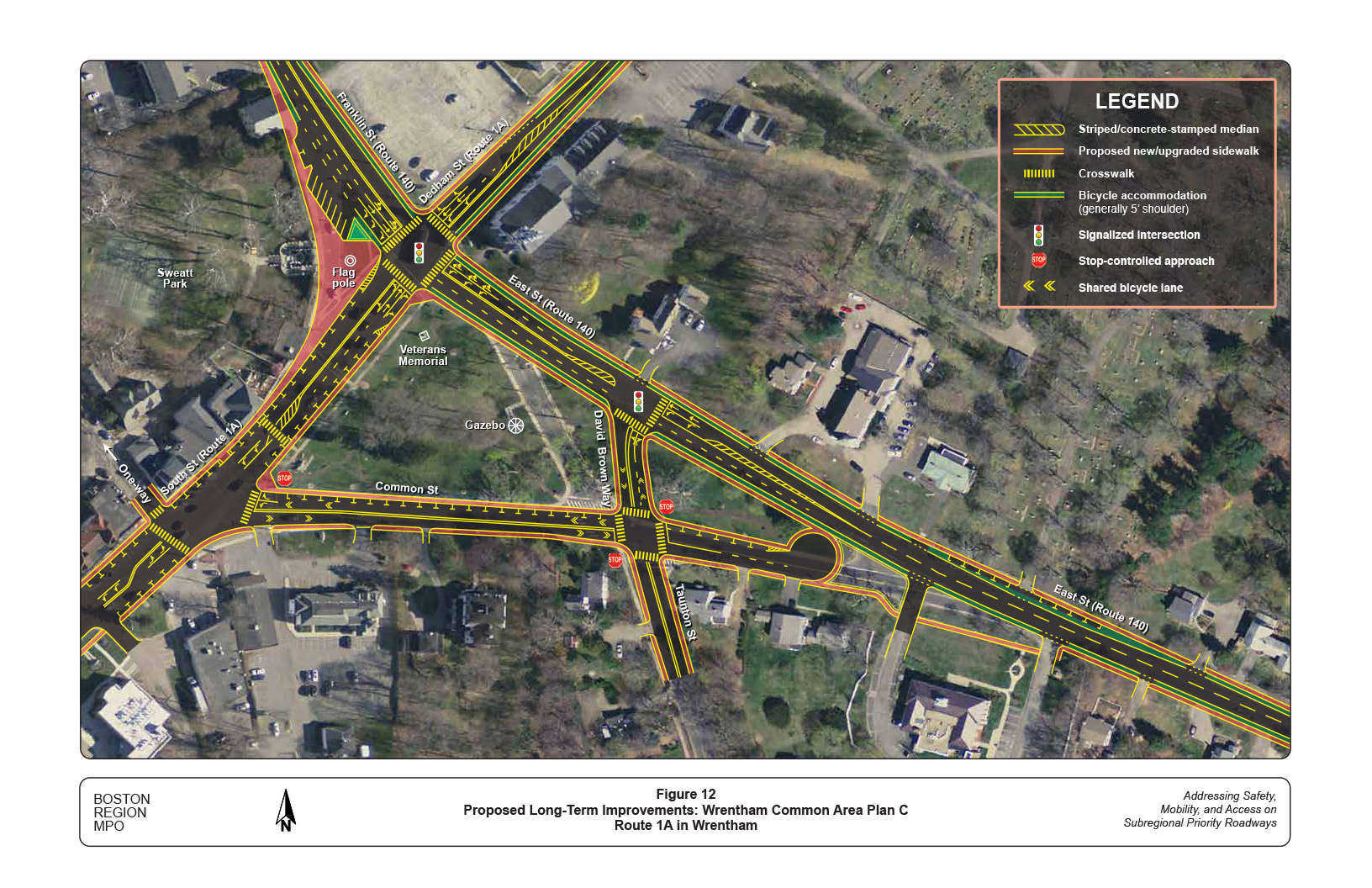 Figure 12 is a map that illustrates the proposed long-term improvements to Route 1A at the Wrentham Common area (Plan C).