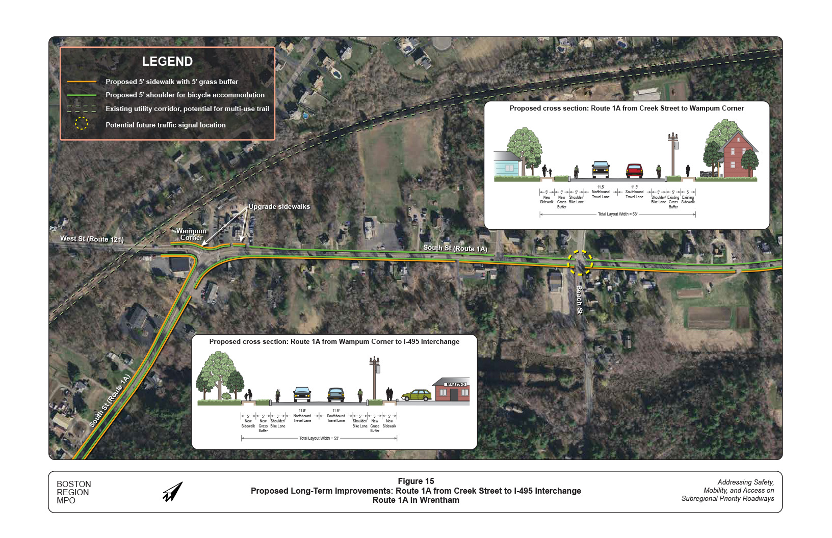 Figure 15 is a map that illustrates the proposed long-term improvements to sections of Route 1A between Creek Street and the Interstate 495 interchange. Two insets contain an illustration of the proposed roadway cross sections.