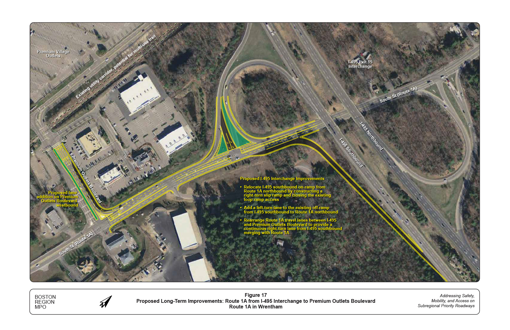 Figure 17 is a map that illustrates the proposed long-term improvements to sections of Route 1A between the Interstate 495 interchange and Premium Outlets Boulevard.