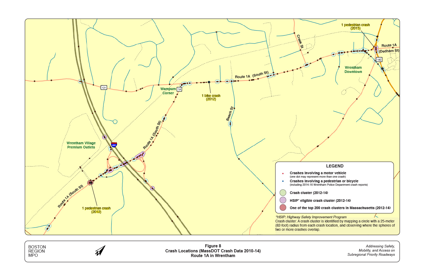 Figure 8 is a map with overlays showing the locations of crashes, and crash clusters, which occurred on Route 1A in Wrentham.