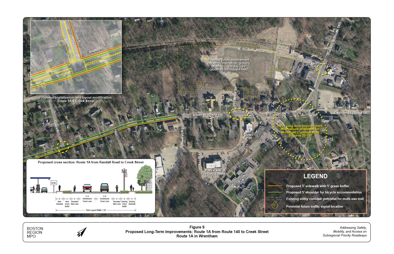 Figure 9 is a map that illustrates the proposed long-term improvements to sections of Route 1A between Route 140 and Creek Street. An inset contains an illustration of the proposed roadway cross section.