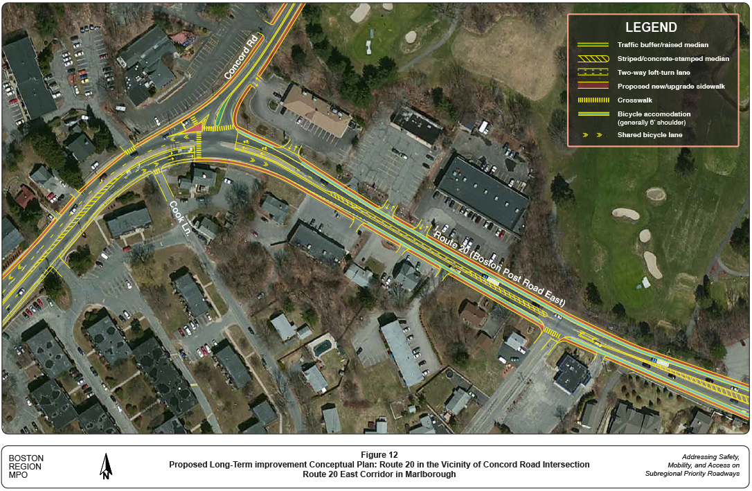 Figure 12 is a map showing the intersection of Route 20 and Concord Road and the vicinity. The map has overlays depicting proposed long-term conceptual improvements to the roadway, including the location of traffic buffers, medians, turn lanes, crosswalks, sidewalks, and bicycle lanes and accommodations. 