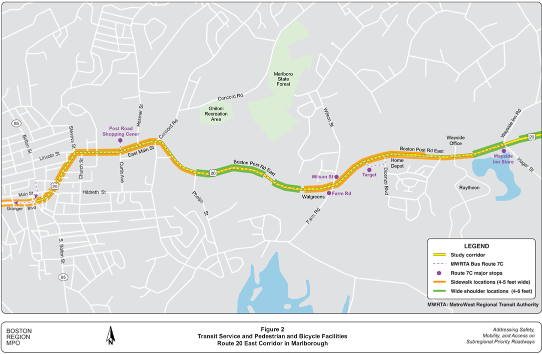 Figure 2 is a map showing the location of transit stops and MWRTA bus stops in the study area. The map also defines the sections of Route 20 that have sidewalks and roadway shoulders for use by pedestrians and bicyclists, respectively.