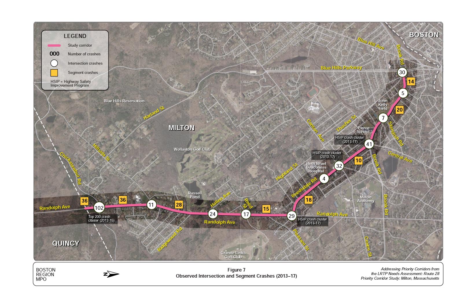 Figure 7
Observed Intersection and Segment Crashes (2013–17)
Figure 7 is a map of the study area showing the crashes at the intersections and between segments, and identifies the HSIP intersection crash clusters within the study corridor.
