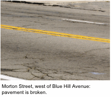 Morton Street, west of Blue Hill Avenue: pavement is broken. 