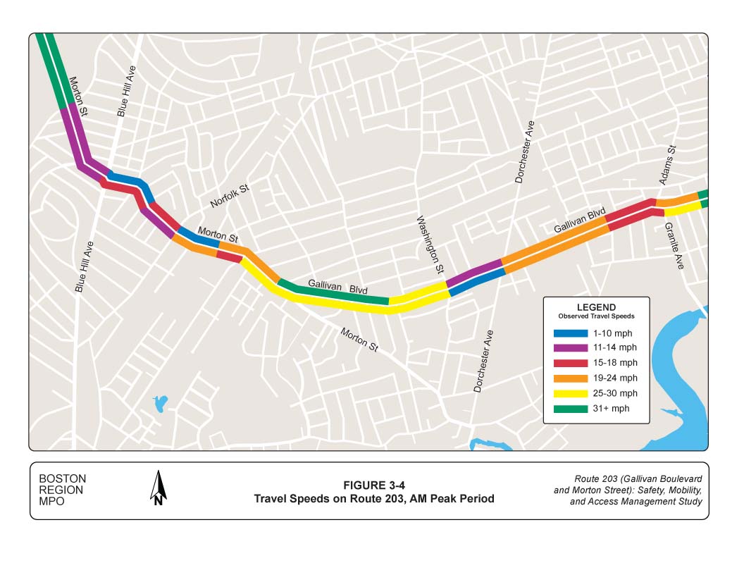 Figure 3-4 Map showing the AM peak period travel speeds on Route 203.