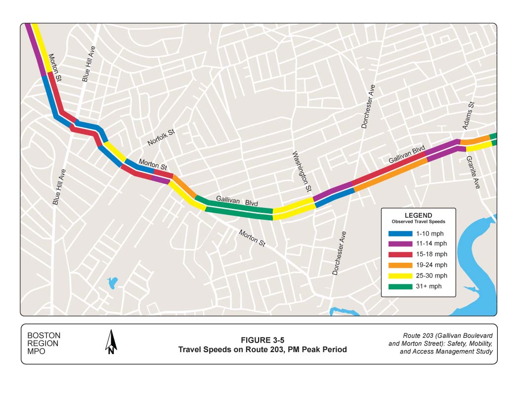 Figure 3-5 Map showing PM peak period travel speeds on Route 203 