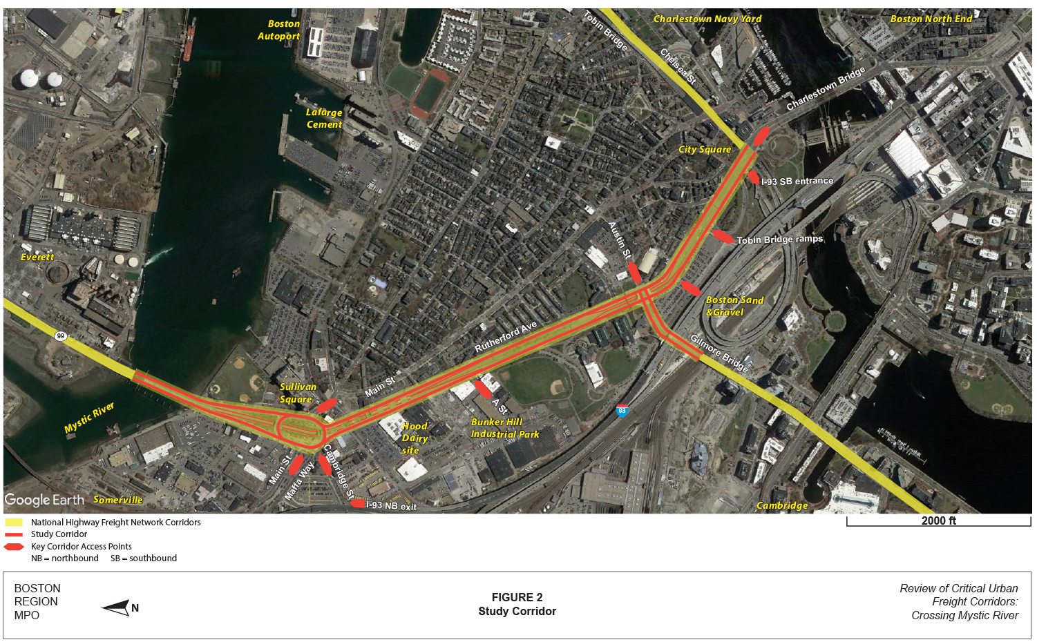 FIGURE 2. Study Corridor
This image shows the study corridor superimposed on an aerial photo of Charlestown. Streets and highway ramps mentioned in the text are labeled, as are several important locations including Sullivan and City Squares, Boston Autoport, Bunker Hill Industrial Park, and Boston Sand and Gravel.
