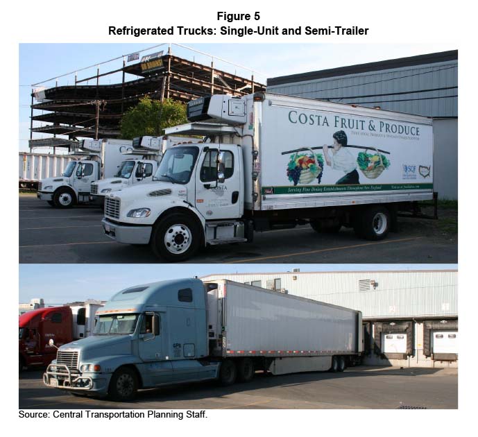 FIGURE 5. Refrigerated Trucks: Single-Unit and Semi-Trailer 
Figure 5 is a group of two photos of trucks. The first photo shows a single-unit box-type truck with a refrigeration unit attached. The second photo shows a tractor unit attached to a refrigerated semi-trailer, which is being unloaded at a warehouse loading dock.
