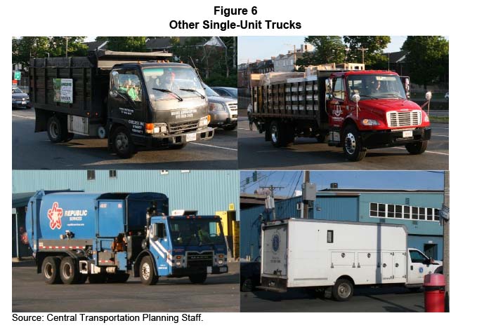 FIGURE 6. Other Single-unit Trucks
Figure 6 is a group of four photos of single-unit trucks. The first photo shows a small dump truck belonging to a landscape contractor. The second photo is a flatbed truck carrying several large pieces of equipment. The third photo is a three-axle truck that carries refuse. The last truck is a specially configured box-type truck that carries parts and tools to contractors’ worksites.
