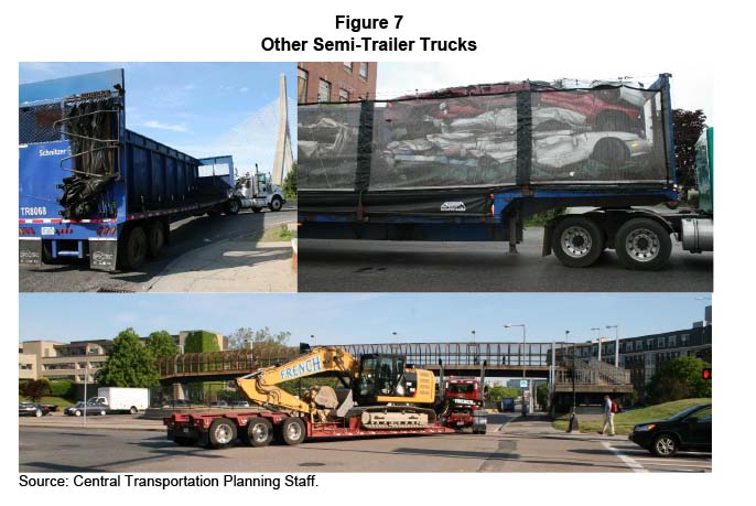 FIGURE 7. Other Semi-Trailer Trucks
Figure 7 is a group of three photos of specialized semi-trailers pulled by tractor units. The first photo shows an empty scrap metal carrier and the second photo shows a similar vehicle loaded with crushed automobile bodies. The last photo shows a low-bed flatbed trailer transporting a large construction excavator.
