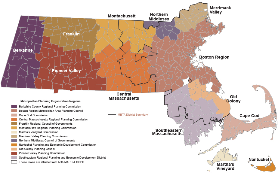 FIGURE 2. Metropolitan Planning Organization Regions
Figure 2 is a map of the MPO regions, color coded as follows: purple = Berkshire County Regional Planning Commission; mauve = Boston Region Metropolitan Area Planning Council; light mauve = Cape Cod Commission; orange = Central Massachusetts Regional Planning Commission; dark ochre = Franklin Regional Council of Governments; pale ochre = Montachusett Regional Planning Commission; sand = Martha's Vineyard Commission; beige = Merrimac Valley Planning Commission; lavender = Northern Middlesex Council of Governments; orange = Nantucket Planning and Economic Development Commission; peach = Old Colony Planning Council; plum = Pioneer Valley Planning Commission; light lavender = Southeastern Regional Planning and Economic Development District; light outline = These towns are affiliated with both MAPC & OCPC; dark outline = MBTA District Boundary.

